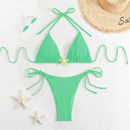 Women Swimsuits Separate Halter Bikinis Set With Chest Pad Solid Color With Starfish Beachwear Summer Vacation Two-Piece Sets