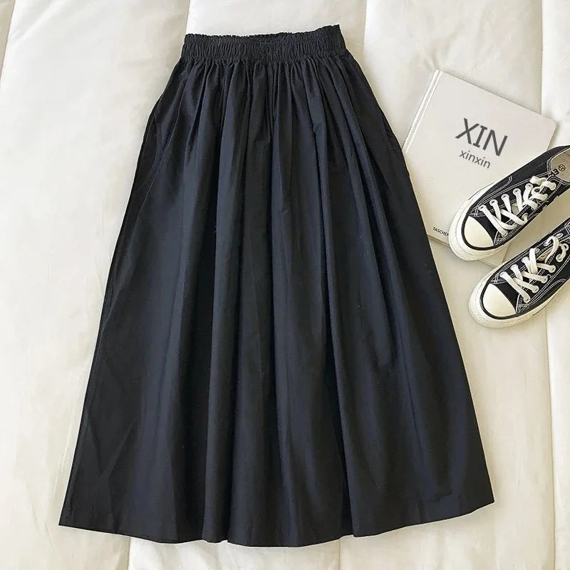 2025 New Casual Elegant High Waist A Line Skirts Women Solid Color Long Skirt Fashion Pockets Pleated Knee Length Skirts Autumn