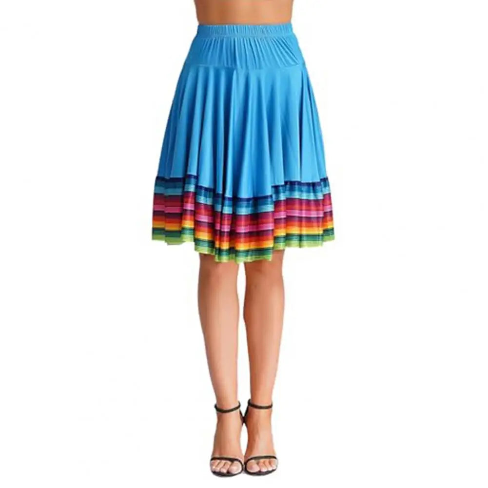 Midi Skirt Ladies Folk Dance Skirt Elastic High Waist Spanish Swing Skirt Rainbow Large Swing Hem Mexican Flamenco Dance Skirts