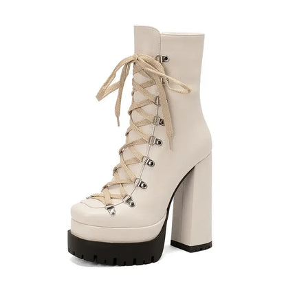 Modern Western Mature Punk Goth Female Winter Super Block High Heeled Shoes Square Toe Lace-up Platform Heels Boots