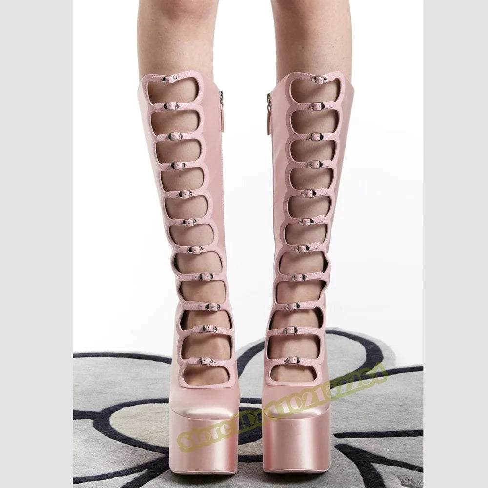 Crystal Bling Knee High Sandals Boots Thick Sole Platform Chunky High Heels Solid Buckles Straps Sandals Women Sexy Shoes Summer