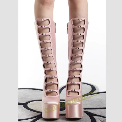 Crystal Bling Knee High Sandals Boots Thick Sole Platform Chunky High Heels Solid Buckles Straps Sandals Women Sexy Shoes Summer