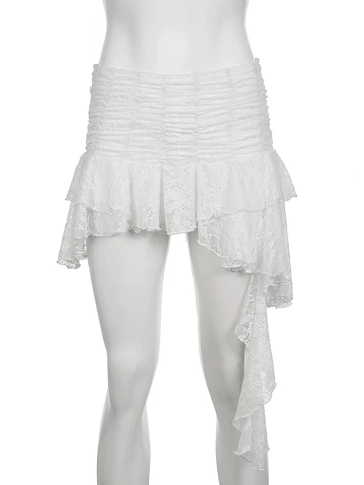 White Lace Halter Stage Performance Skirt Asymmetrical Midi Skirt Smart Dance Costume Korean Style Commute Polyester Fabric