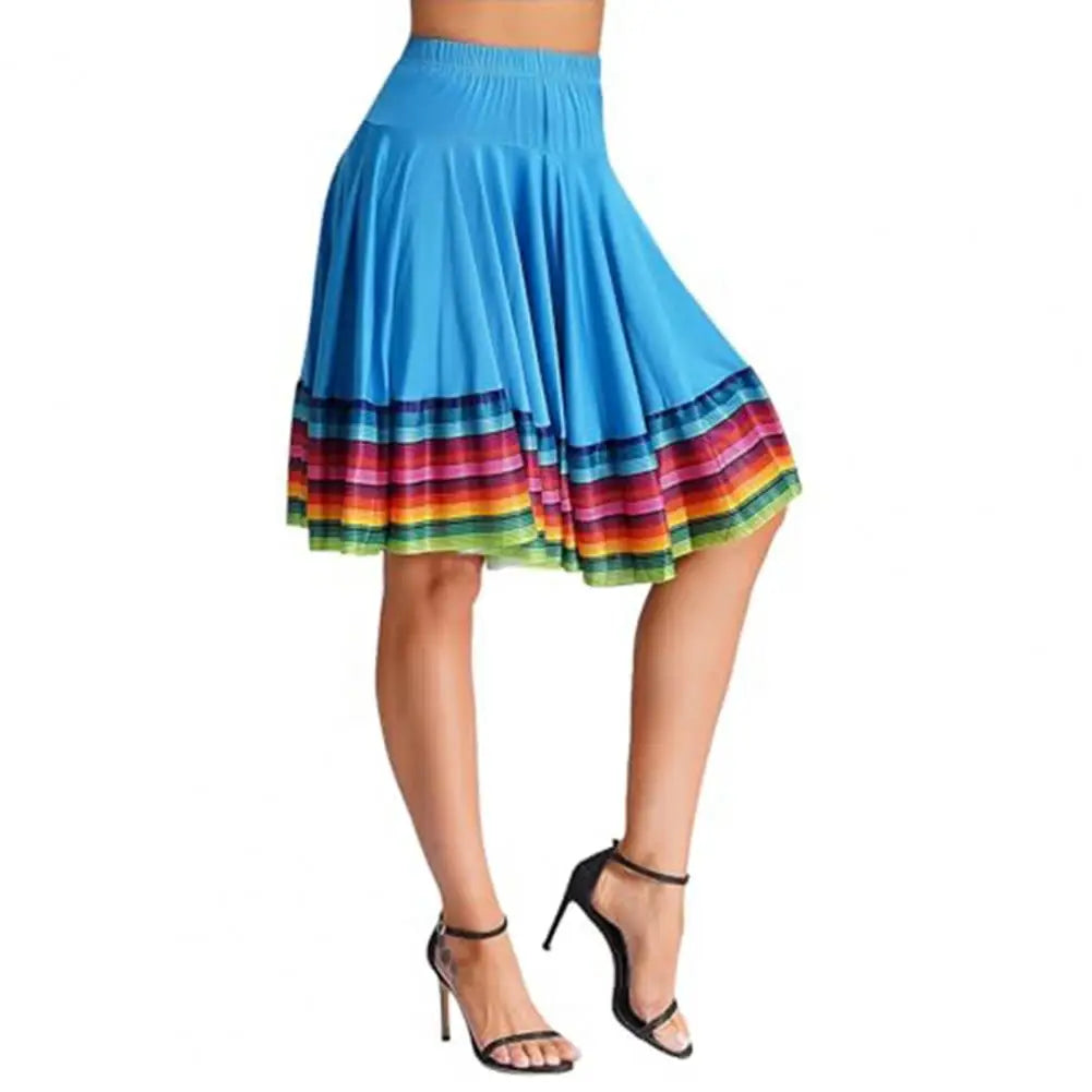 Midi Skirt Ladies Folk Dance Skirt Elastic High Waist Spanish Swing Skirt Rainbow Large Swing Hem Mexican Flamenco Dance Skirts