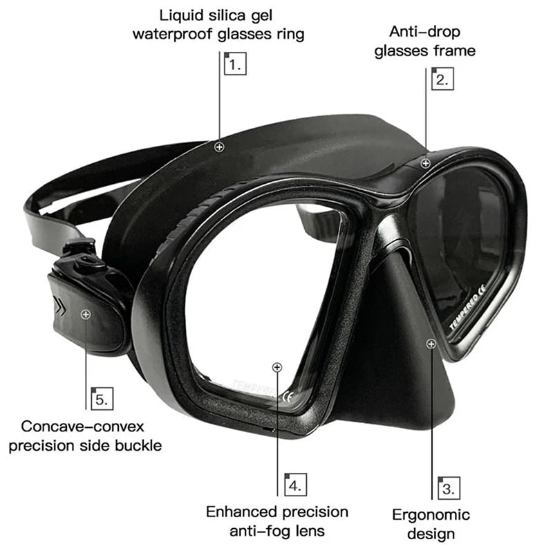 Professional Wet Low Volume Freediving Mask, Tempered Glass dive Mask, J-Type Diving Mask, Snorkel Set, With Go-Pro Camera Mount