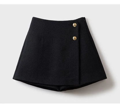 Tweed Wide Leg Shorts Skirts Women Chic Empire All-match Button Minority Elegant A-line Autumn Winter Thick Popular Daily Female