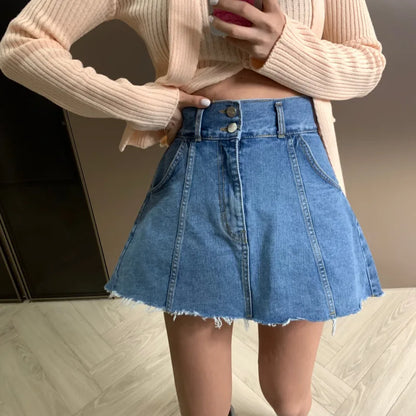 Chic High Waist A-Line  Skirt Women's Jeans ort Skirt Spring Vintage Slimming Splicing Hemming Girl's Faion Commute