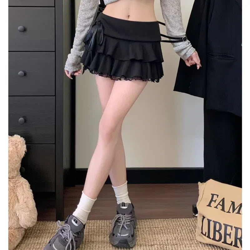 Goth Y2K Black Lace Trim Bow A Line Mini Skirt Women Korean Streetwear