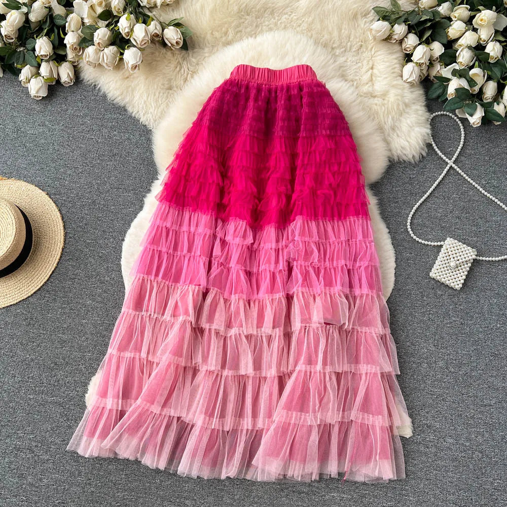 Voille Skirts Women Gradient Y2k High Waist Elastic Jupe Ladies Tulle Mujer Faldas Ruffles Long Female Mesh Skirt Dropshipping