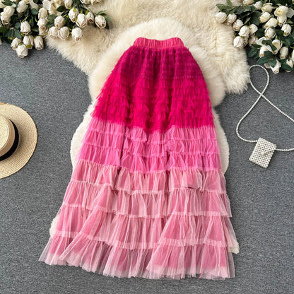 Voille Skirts Women Gradient Y2k High Waist Elastic Jupe Ladies Tulle Mujer Faldas Ruffles Long Female Mesh Skirt Dropshipping