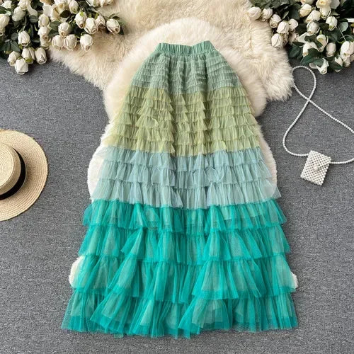 Voille Skirts Women Gradient Y2k High Waist Elastic Jupe Ladies Tulle Mujer Faldas Ruffles Long Female Mesh Skirt Dropshipping