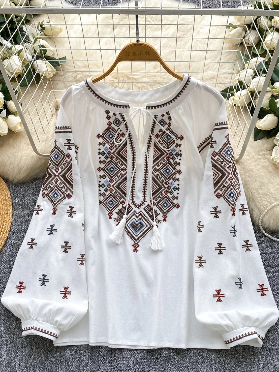 Women Autumn Blouse Loose Artistic Retro Heavy Industry Embroidery Bow O-Neck Lantern Sleeve Shirt Casual Versatile Top BL270