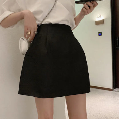 Lucyever Black White High Wiast Puffy Short Skirts Women All-Match Y2K Pocket A-Line Skirt Female Korean Work Style Suit Skirt
