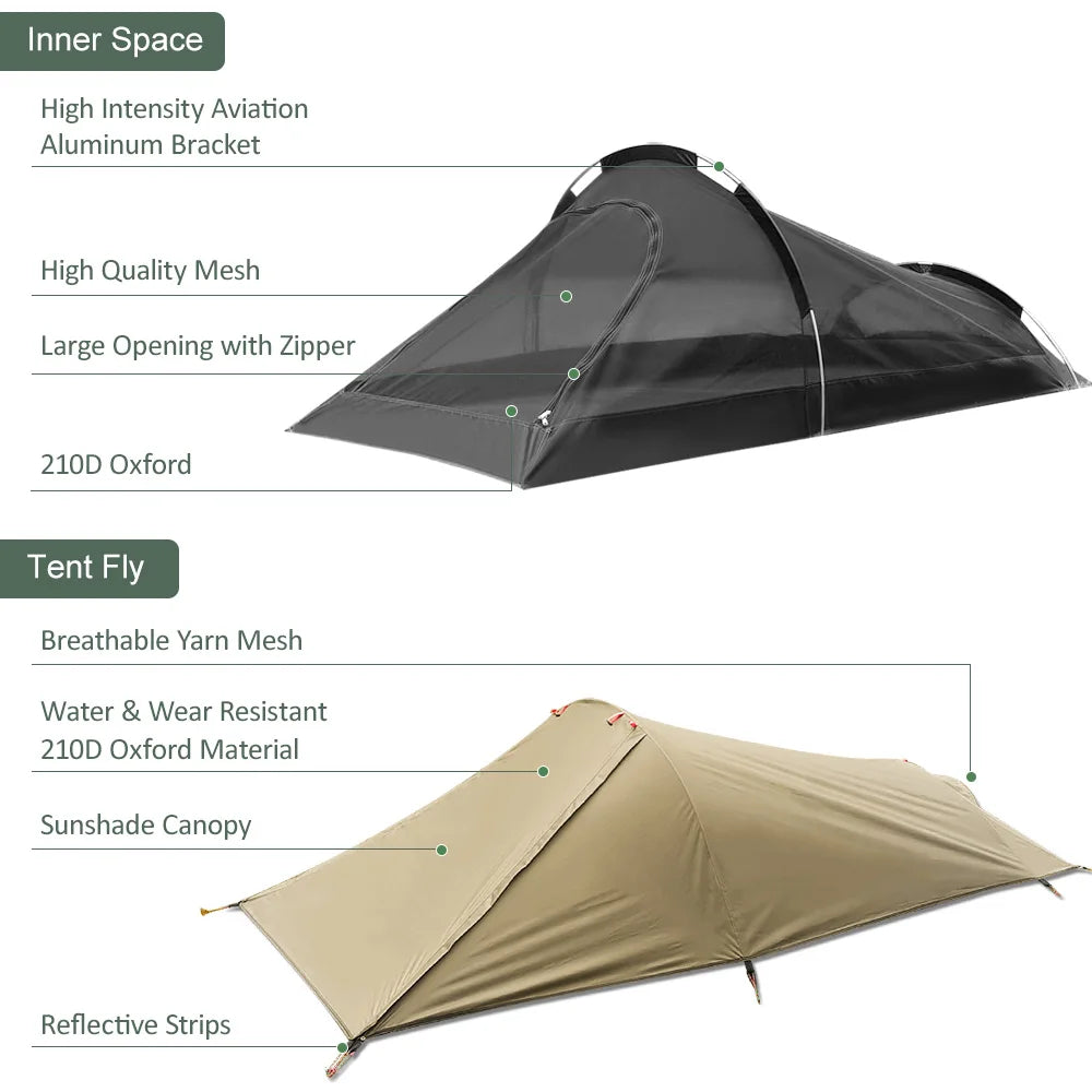 Outdoor Camping Tent Single Person Camping Tent Water Resistant Tent Aviation Aluminum Support Portable Sleeping Bag Tent