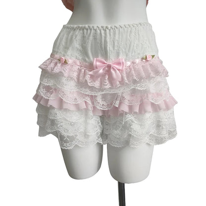 Cute Shorts Women Summer Bow Decoration Pink Lace Patchwork Elastic Waist Lolita Multilayer Bottoming Shorts for Sweet Girls