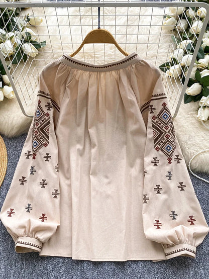 Women Autumn Blouse Loose Artistic Retro Heavy Industry Embroidery Bow O-Neck Lantern Sleeve Shirt Casual Versatile Top BL270