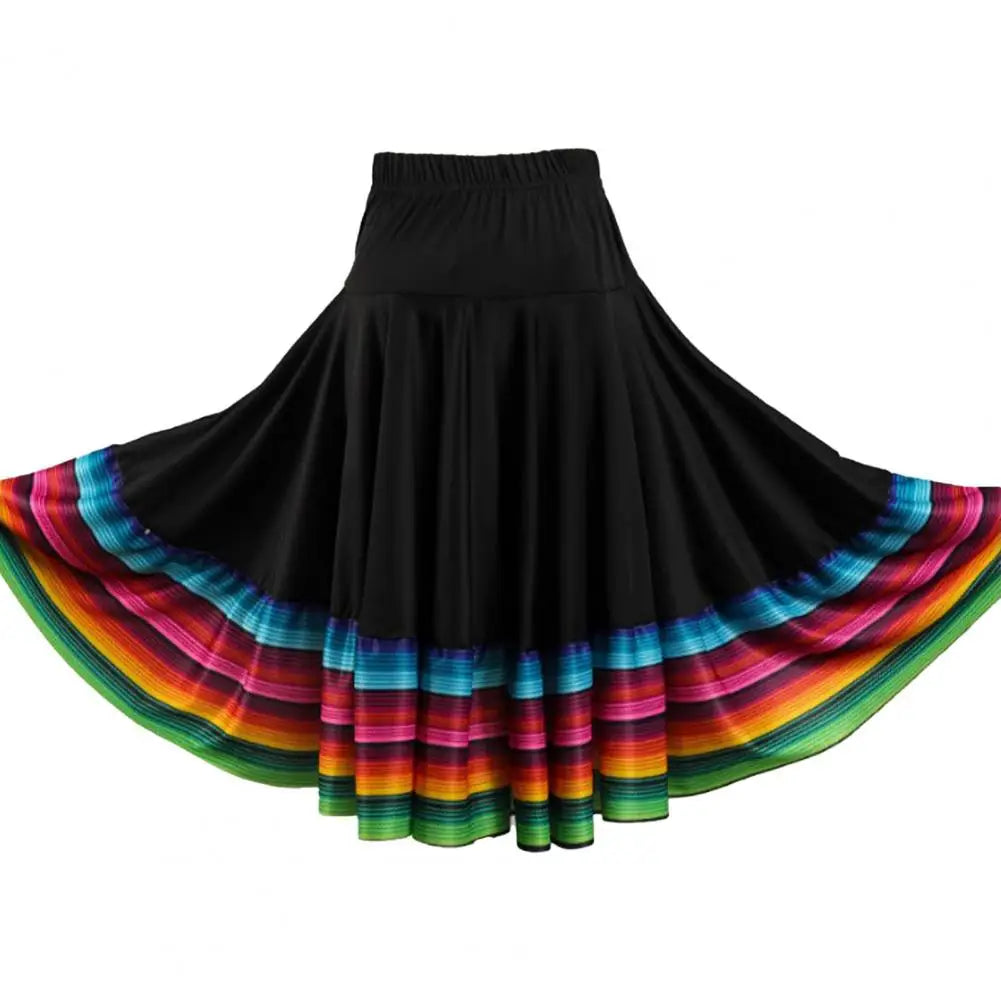 Midi Skirt Ladies Folk Dance Skirt Elastic High Waist Spanish Swing Skirt Rainbow Large Swing Hem Mexican Flamenco Dance Skirts
