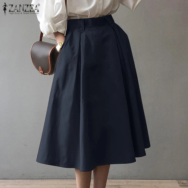 Women Elegant Office Work Skirts ZANZEA Autumn Summer High Waist Faldas Saia Jupe Casual Solid Midi Skirt Fashion Party Sundress