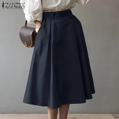 Women Elegant Office Work Skirts ZANZEA Autumn Summer High Waist Faldas Saia Jupe Casual Solid Midi Skirt Fashion Party Sundress