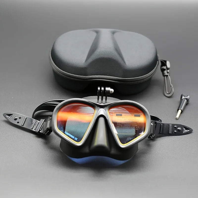 Professional Wet Low Volume Freediving Mask, Tempered Glass dive Mask, J-Type Diving Mask, Snorkel Set, With Go-Pro Camera Mount
