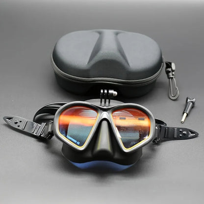 Professional Wet Low Volume Freediving Mask, Tempered Glass dive Mask, J-Type Diving Mask, Snorkel Set, With Go-Pro Camera Mount