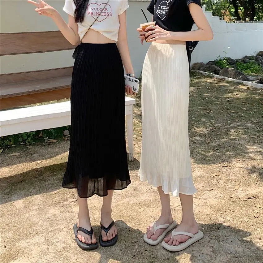 Summer New Fashion Solid Spring Wrapped Hip Fishtail Skirt Women Patchwork Elastic Waist Elegant Gentle Mid Length A-line Skirts