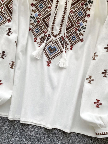 Women Autumn Blouse Loose Artistic Retro Heavy Industry Embroidery Bow O-Neck Lantern Sleeve Shirt Casual Versatile Top BL270