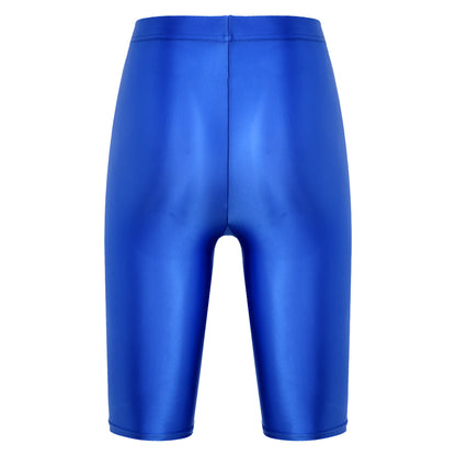 Women Glossy Shorts High Waist Fitness Short Leggings Oil Shiny Knee-Length Tights Swimming Trunks Female Workout Sports Bottoms