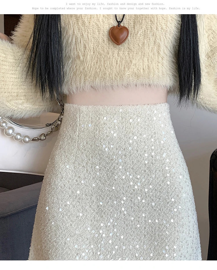 Fashion Y2K Streetwear Winter Mini Skirt Women Glitter Sequin Bodycon Tweed Skirts With Shorts A-Line Pink White Black Faldas