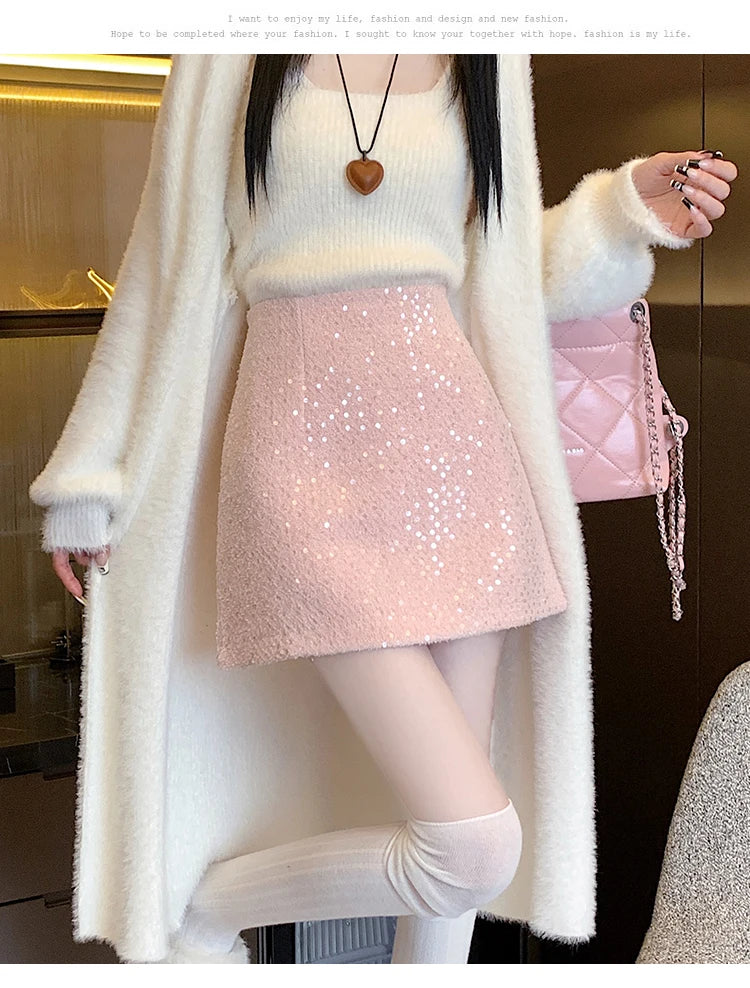 Fashion Y2K Streetwear Winter Mini Skirt Women Glitter Sequin Bodycon Tweed Skirts With Shorts A-Line Pink White Black Faldas