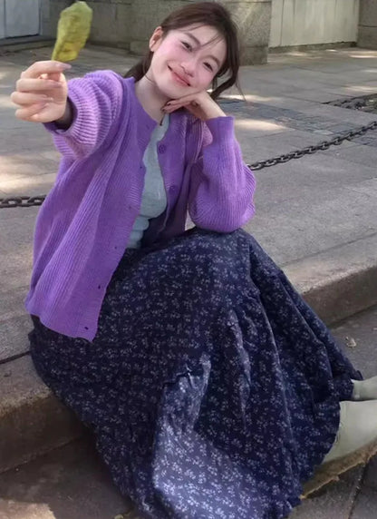 New Elegant Dark Blue Floral Women High-Waisted Retro Blue Floral Skirt Female A-line Skirt Casual Lazy Wind Long Skirt