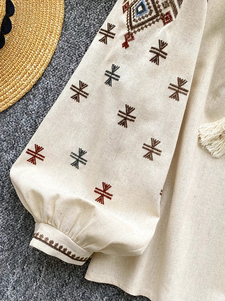 Women Autumn Blouse Loose Artistic Retro Heavy Industry Embroidery Bow O-Neck Lantern Sleeve Shirt Casual Versatile Top BL270