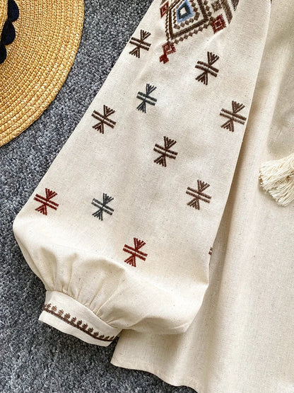 Women Autumn Blouse Loose Artistic Retro Heavy Industry Embroidery Bow O-Neck Lantern Sleeve Shirt Casual Versatile Top BL270