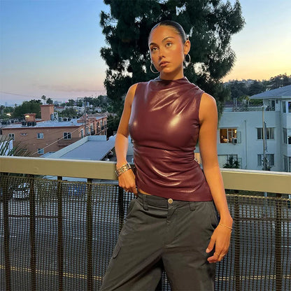 PU Leather Tank Top High Fashion Asymmetrical Ruched Sleeveless Blouse Winter Sexy T Shirt For Women Y2K Clothes 2023