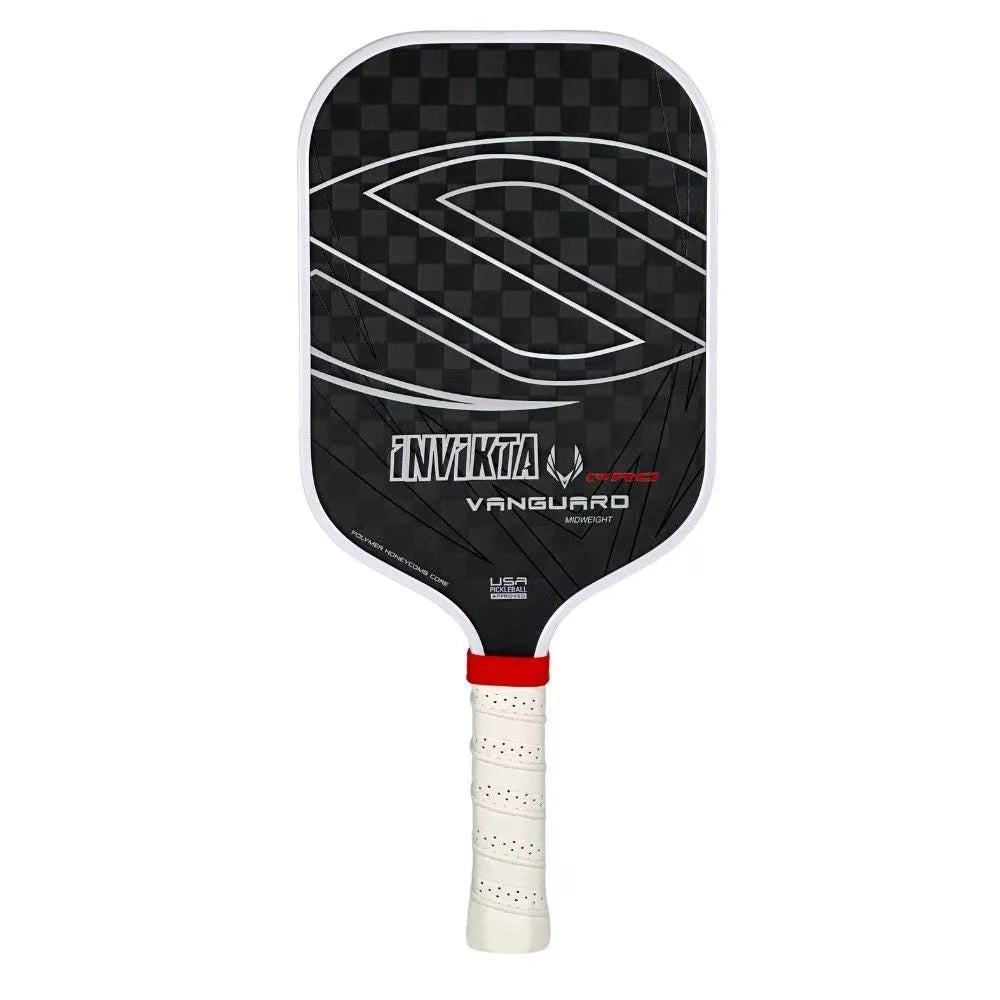 12K pickleball paddle with a 16mm polymer honeycomb core, designed for enhanced spin and power; black with white accents, includ