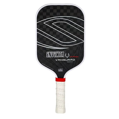 12K pickleball paddle with a 16mm polymer honeycomb core, designed for enhanced spin and power; black with white accents, includ