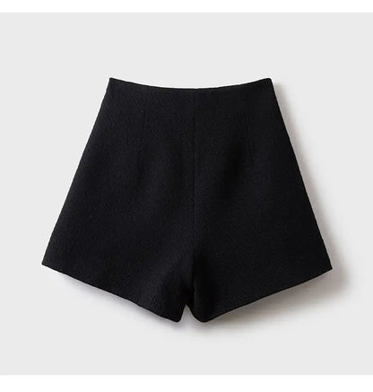 Tweed Wide Leg Shorts Skirts Women Chic Empire All-match Button Minority Elegant A-line Autumn Winter Thick Popular Daily Female