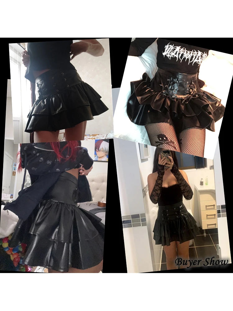 AltGoth Mall Goth Punk PU Skirt Women Dark Gothic Vintage Bandage High Waist Lolita Skirt Harajuku Streetwear Emo Alt Clubwear
