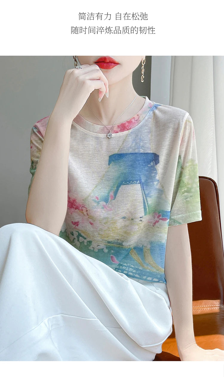 Spring And Summer New Lyocell Short Sleeve Sweater Loose Thin Half Sleeve T-shirt Printed Top