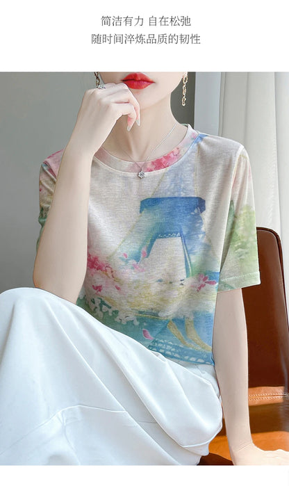 Spring And Summer New Lyocell Short Sleeve Sweater Loose Thin Half Sleeve T-shirt Printed Top