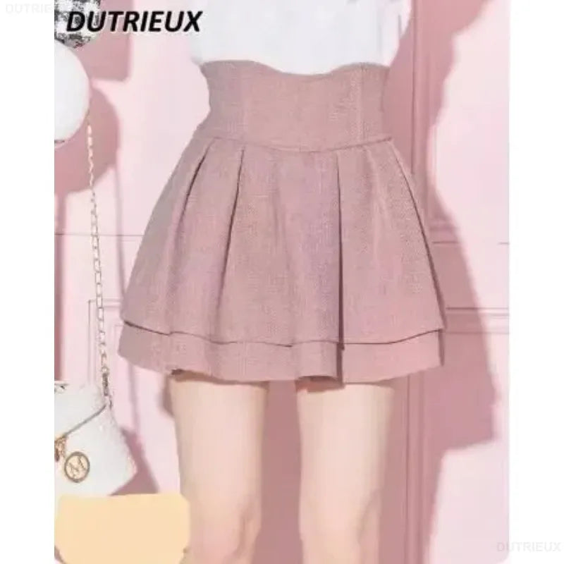 Japanese Lolita Skirts Ruffled Pleated Plaid Skirt Women 2025 Spring New Elastic High Waist Slimming Gentle Mini Skirt Culottes