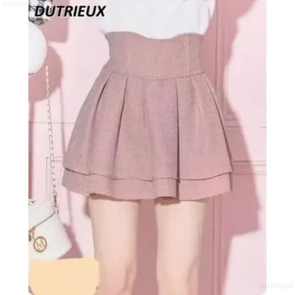 Japanese Lolita Skirts Ruffled Pleated Plaid Skirt Women 2025 Spring New Elastic High Waist Slimming Gentle Mini Skirt Culottes