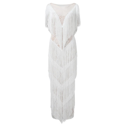 Womens Deep V Midi Fringed Dresses Sleeveless Pencil Party Solid Elegant Sexy Skirt Long Dresses Evening Party Mujer