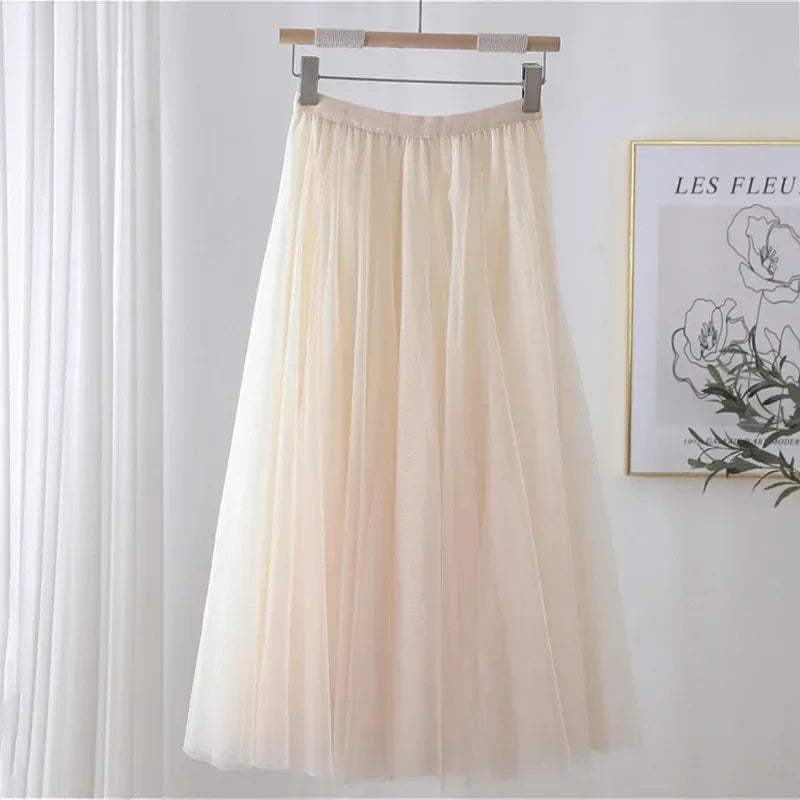 Women Mesh Elastic Tutu Skirt Beach Spring Summer Korean High Waist Fashion Pleated Long Skirt Black White Tulle Skirts LSK010