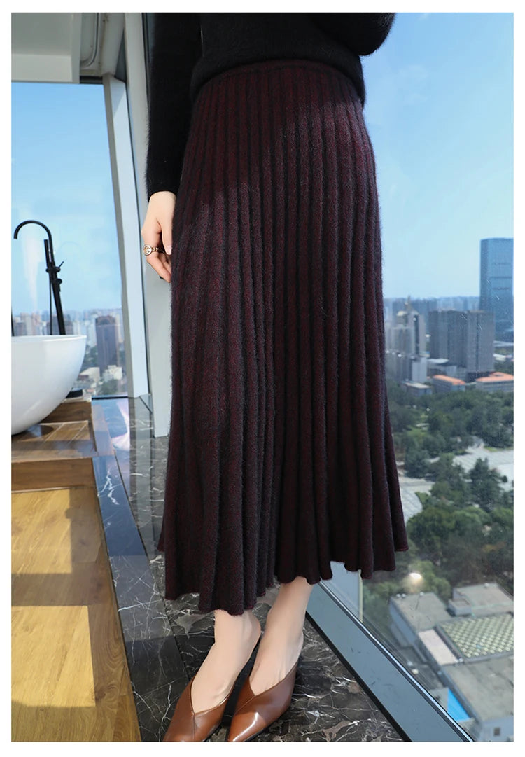 mink cashmere skirt Fashion long dress women A-line skirt autumn winter loose pleated skirt elegant high-waisted skirt ladies
