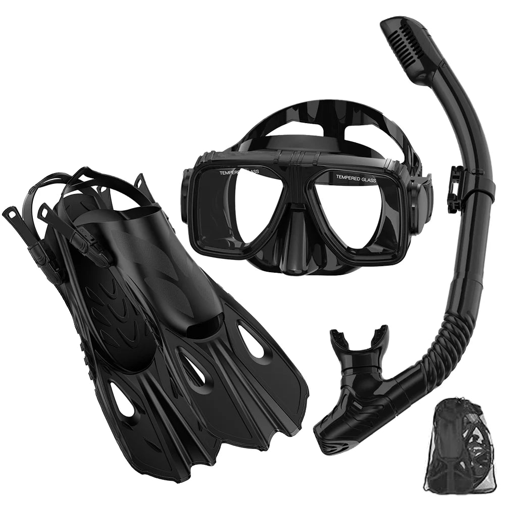 Diving Mask Fin Snorkel Set for Adult Panoramic View Snorkel Mask Adjustable Dive Flipper Dry Top Snorkel and Travel Bag
