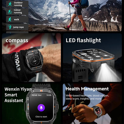 1100mAh Battery Smartwatch Men LED Flashlight Compass BT Call Outdoor Smart Watches Health Monitor Waterproof 100+ Sports Mode