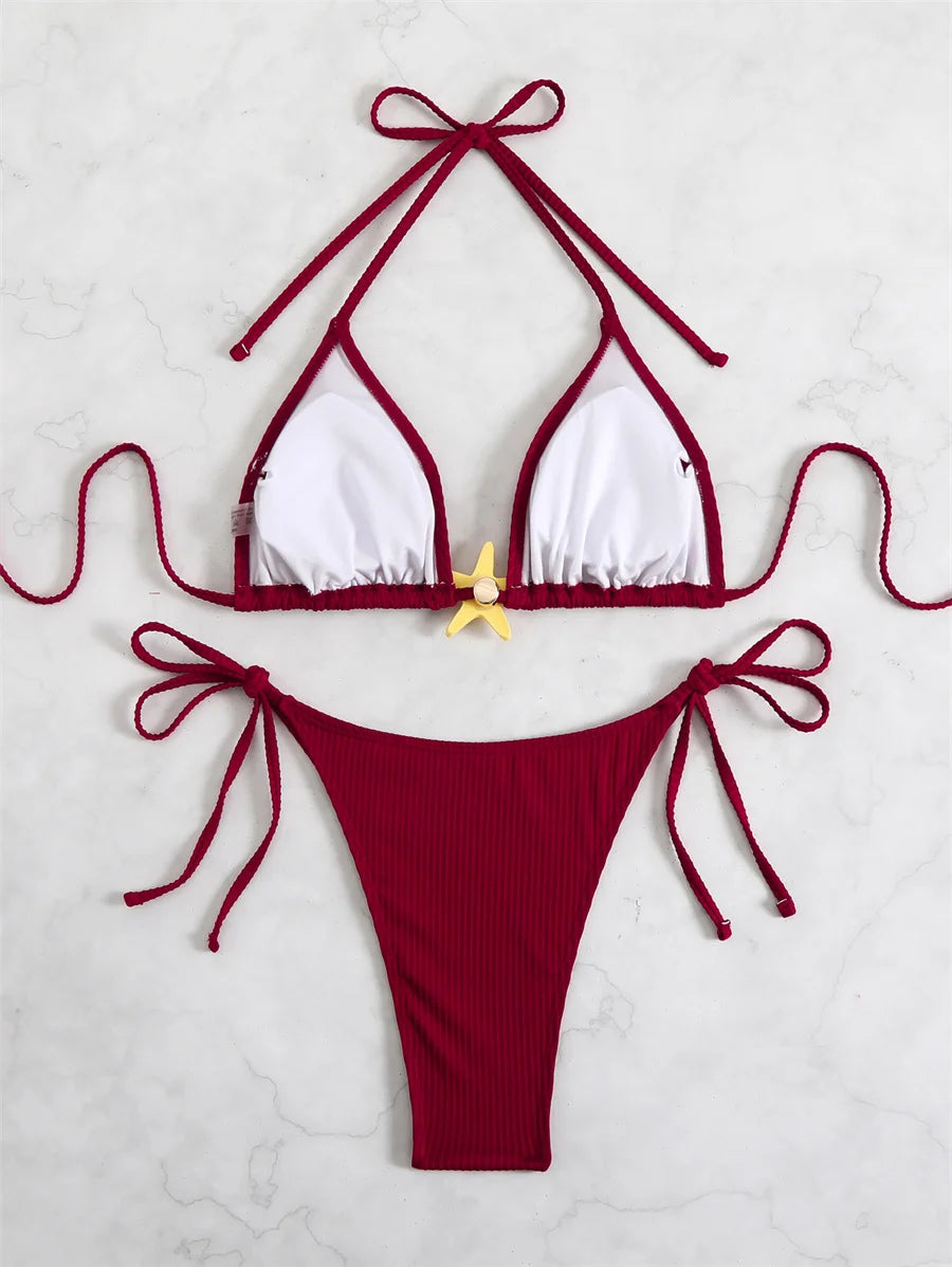 Women Swimsuits Separate Halter Bikinis Set With Chest Pad Solid Color With Starfish Beachwear Summer Vacation Two-Piece Sets