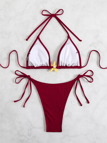 Women Swimsuits Separate Halter Bikinis Set With Chest Pad Solid Color With Starfish Beachwear Summer Vacation Two-Piece Sets