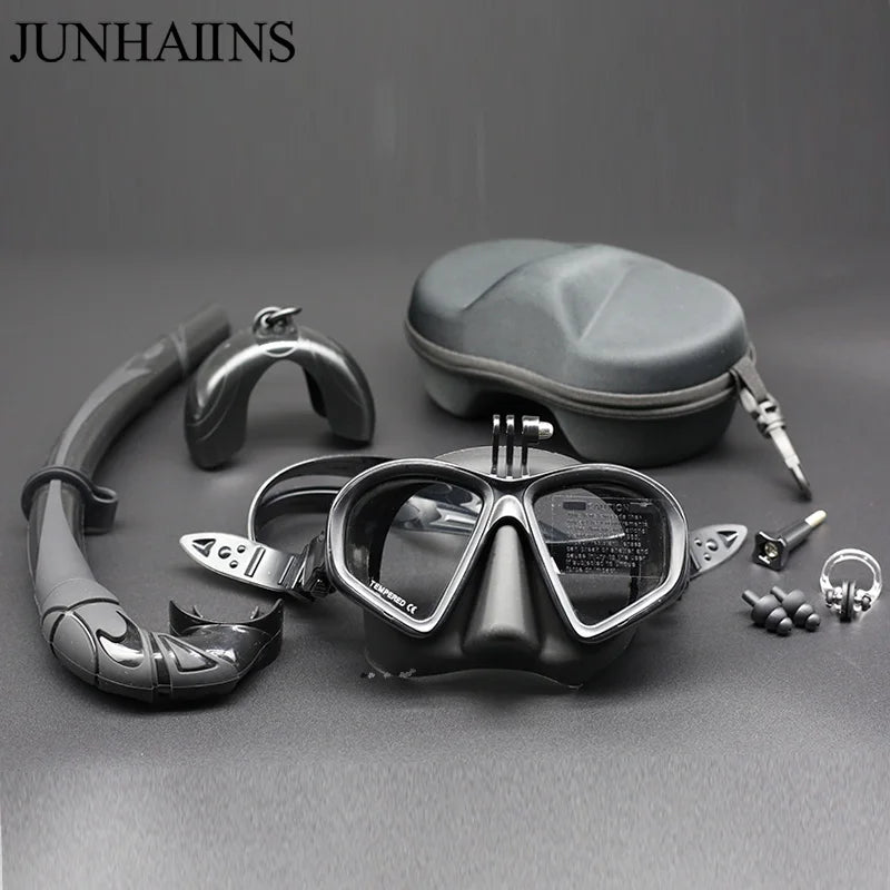 Professional Wet Low Volume Freediving Mask, Tempered Glass dive Mask, J-Type Diving Mask, Snorkel Set, With Go-Pro Camera Mount